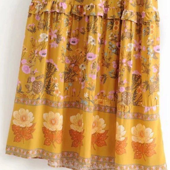 Boho 60s Floral Gypsy Print Maxi Dress Yellow - Picture 9 of 14